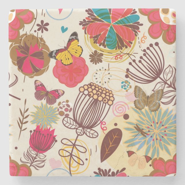 Floral pattern in retro style 4 stone coaster (Front)