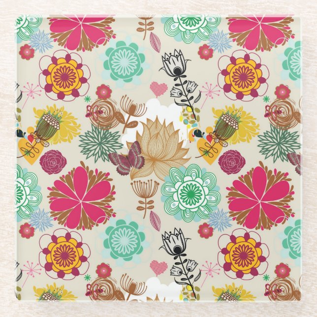 Floral pattern in retro style glass coaster (Front)