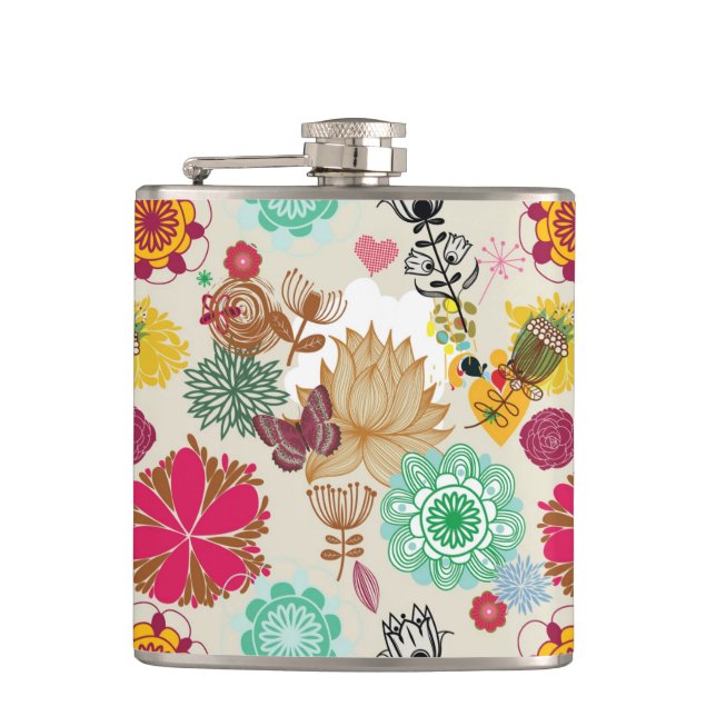 Floral pattern in retro style hip flask (Front)