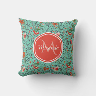 Floral Pattern in Teal and Orange and Red Monogram Cushion