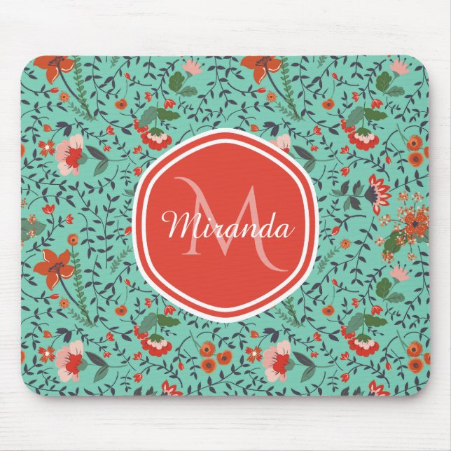 Floral Pattern in Teal and Orange and Red Monogram Mouse Mat (Front)