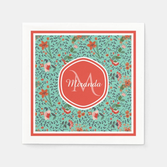 Floral Pattern in Teal and Orange and Red Monogram Napkin (Front)