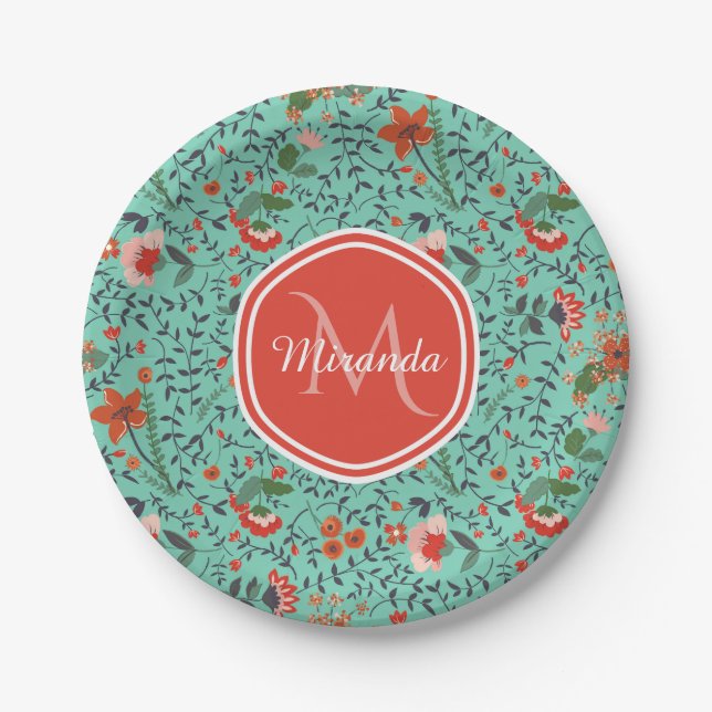 Floral Pattern in Teal and Orange and Red Monogram Paper Plate (Front)