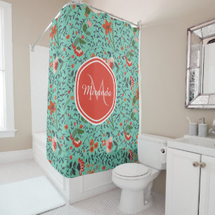 Floral Pattern in Teal and Orange and Red Monogram Shower Curtain