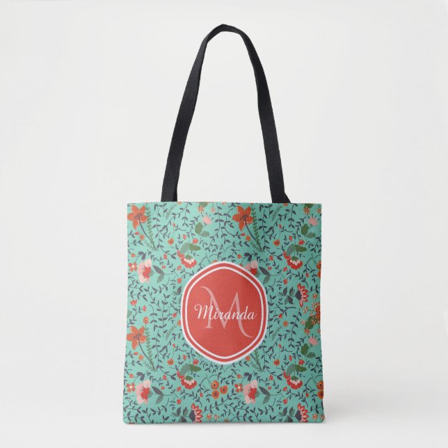 Floral Pattern in Teal and Orange and Red Monogram Tote Bag (Front)
