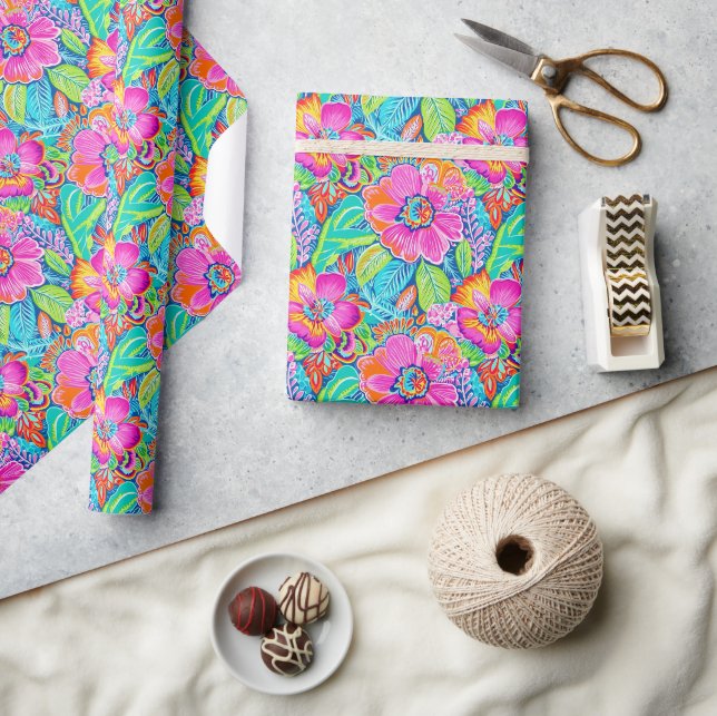 Floral Pattern in Vibrant Pink, Blue, Orange & Gre Wrapping Paper (Crafts)
