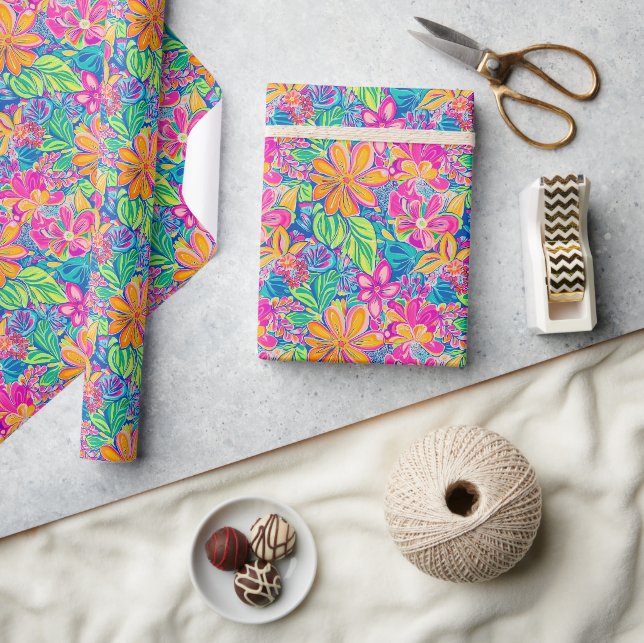 Floral Pattern in Vibrant Pink, Blue, Orange & Gre Wrapping Paper (Crafts)