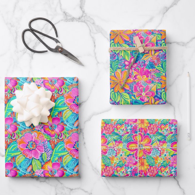 Floral Pattern in Vibrant Pink, Blue, Orange & Gre Wrapping Paper Sheet (Front)