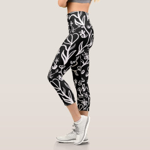 Floral Pattern in White on Black Capri Leggings