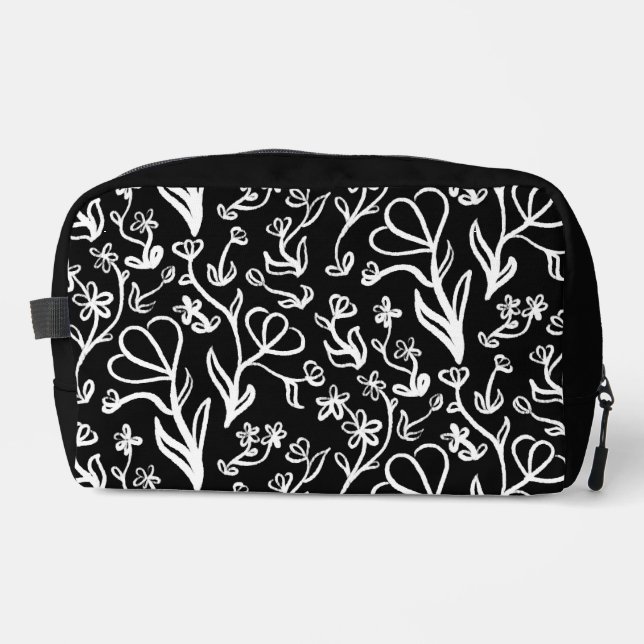 Floral Pattern in White on Black Dopp Kit (Front)