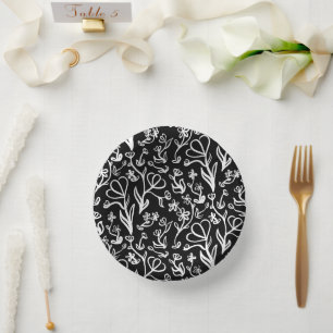 Floral Pattern in White on Black Paper Plate
