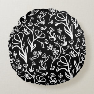 Floral Pattern in White on Black Round Cushion