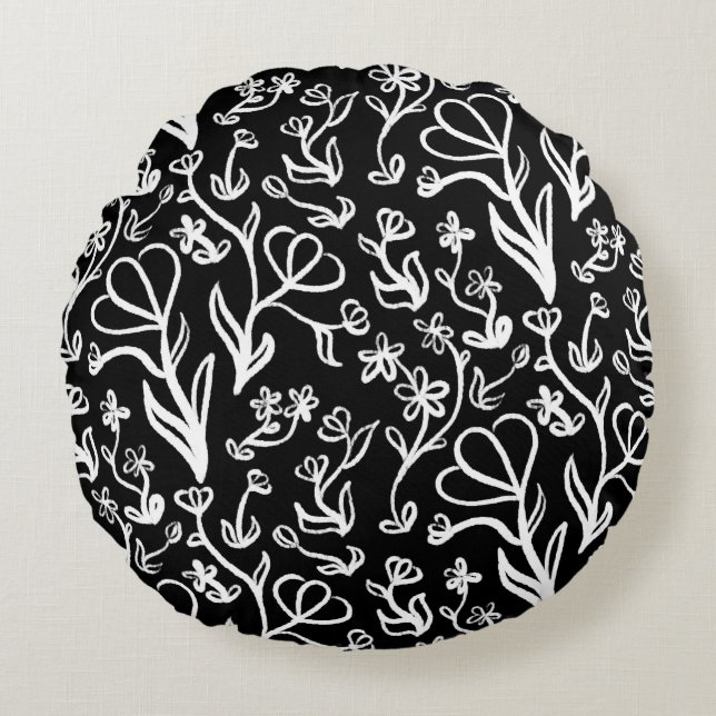 Floral Pattern in White on Black Round Cushion (Front)