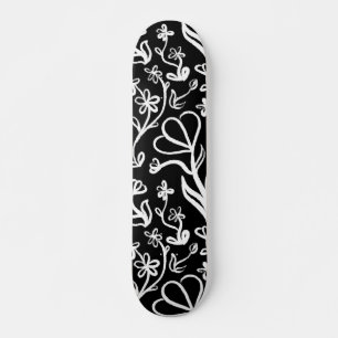 Floral Pattern in White on Black Skateboard