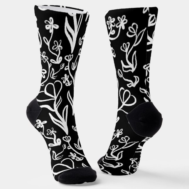Floral Pattern in White on Black Socks (Angled)