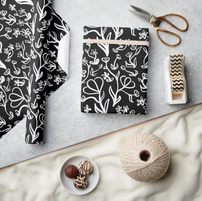 Floral Pattern in White on Black Wrapping Paper (Crafts)