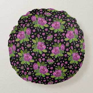 Floral Pattern Lilac Pink Green Black Round Cushion