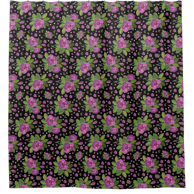 Floral Pattern Lilac Pink Green Black Shower Curtain (Front)
