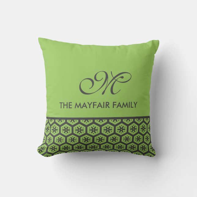 Floral Pattern Lime Green Grey Family Monogram Cushion (Front)