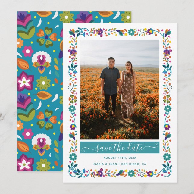 Floral Pattern Mexican Style Photo Wedding Save The Date (Front/Back)