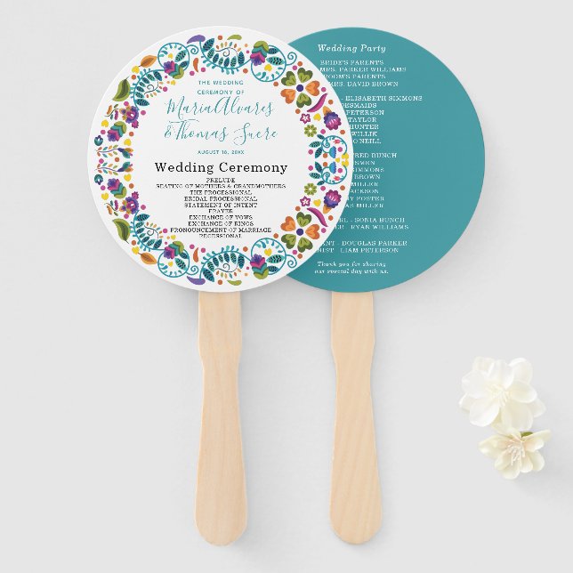 Floral Pattern Mexican Wedding Program Hand Fan (Front and Back)