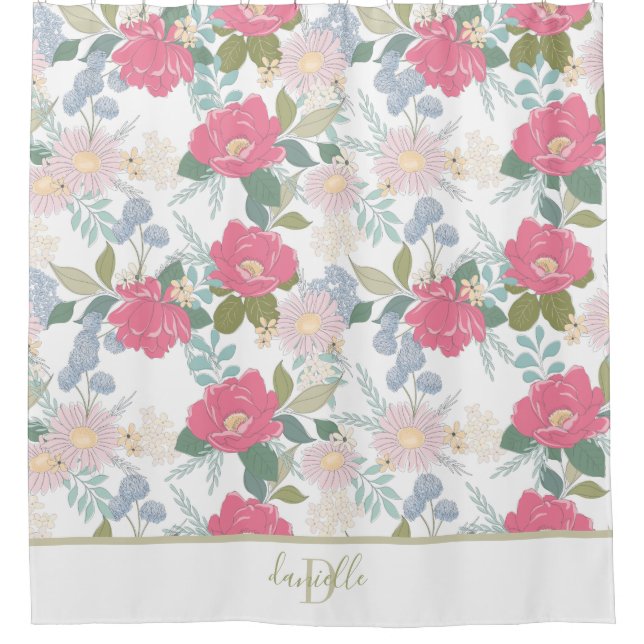 Floral Pattern Monogram Name Shower Curtain (Front)