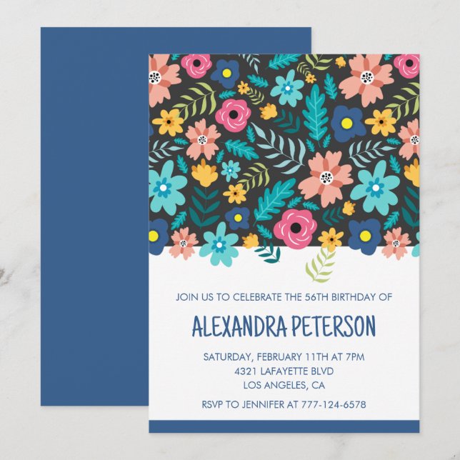 Floral Pattern Navy blue 56th birthday Invitation (Front/Back)