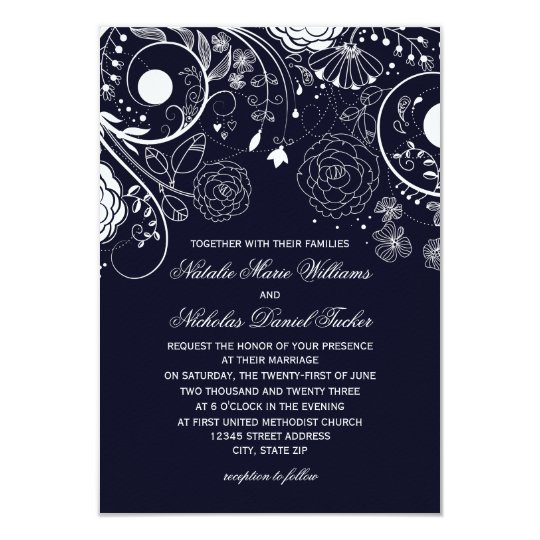 Floral Pattern Navy/White - 3x5 Wedding Invitation