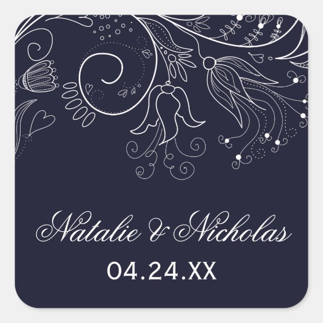 Floral Pattern Navy/White Tulip - Square Sticker (Front)