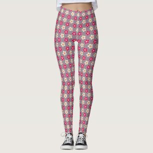 Floral pattern of crimson and white flowers on a c leggings