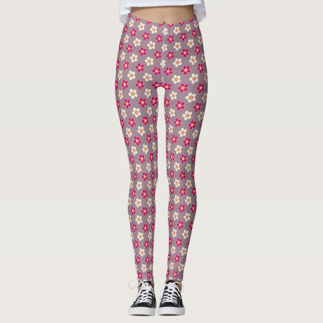 Floral pattern of crimson and white flowers on a c leggings (Front)