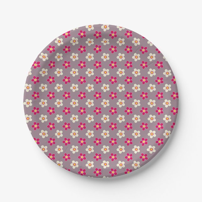 Floral pattern of crimson and white flowers on a c paper plate (Front)