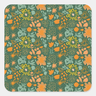 Floral pattern on a dark green background  square sticker