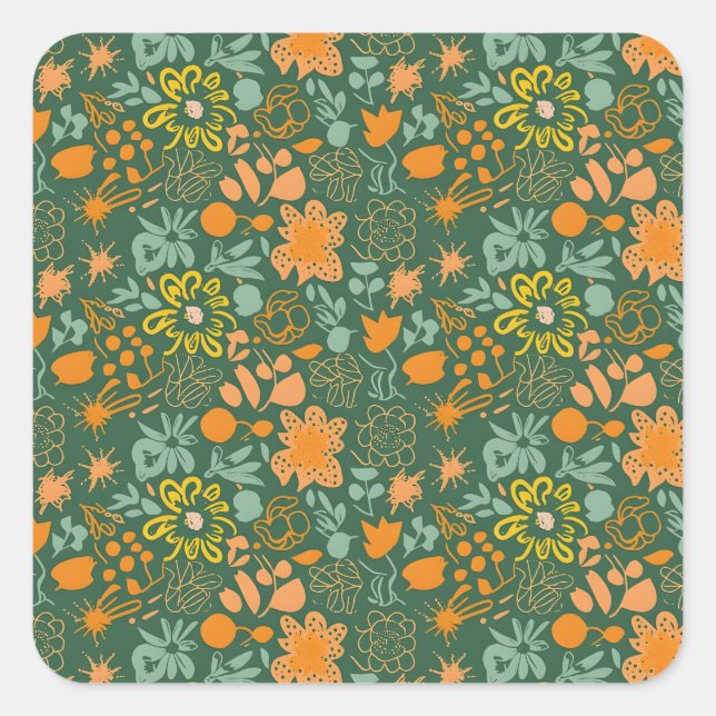 Floral pattern on a dark green background  square sticker (Front)