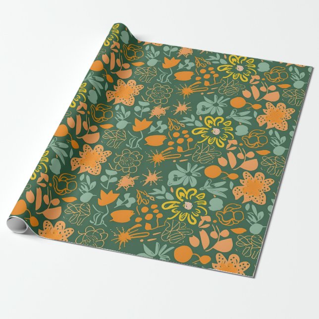 Floral pattern on a dark green background  wrapping paper (Unrolled)