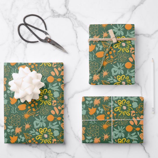 Floral pattern on a dark green background  wrapping paper sheet (Front)