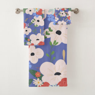 Floral Pattern On A Periwinkle Blue Bath Towel