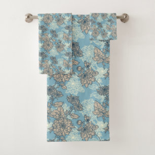 Floral Pattern on Blue Background Bath Towel Set