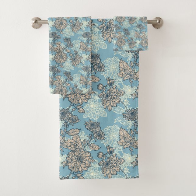 Floral Pattern on Blue Background Bath Towel Set (Insitu)