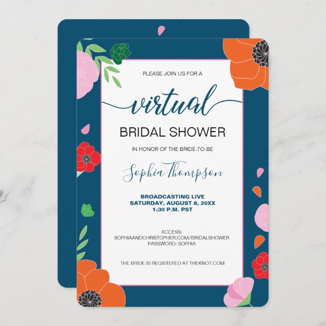 FLORAL Pattern on dark  blue VIRTUAL BRIDAL SHOWER Invitation (Front/Back)