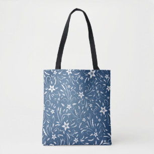 Floral pattern on denim tote bag