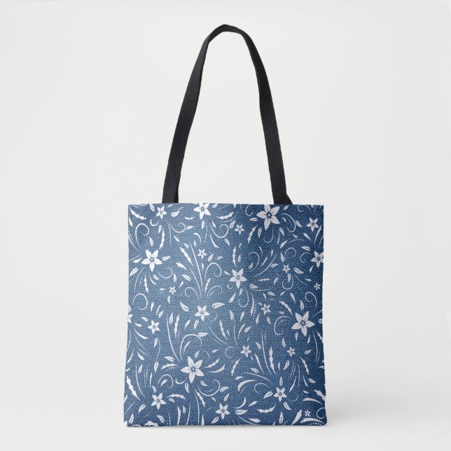 Floral pattern on denim tote bag (Front)