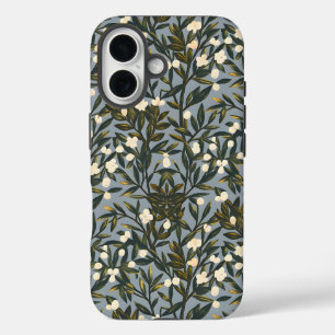 Floral pattern on dusty blue-gray background iPhone 16 case