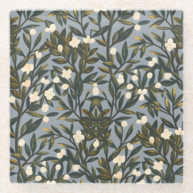 Floral pattern on  dusty blue-gray background glass coaster (Front)