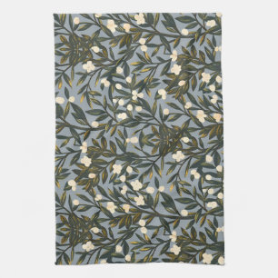 Floral pattern on dusty blue-gray background tea towel