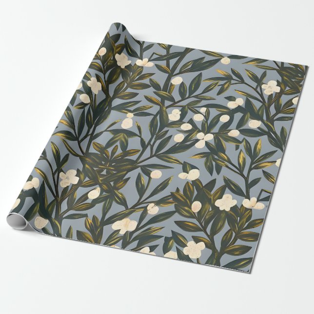 Floral pattern on  dusty blue-grey background wrapping paper (Unrolled)
