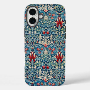 Floral pattern on green leaves blue background iPhone 16 plus case