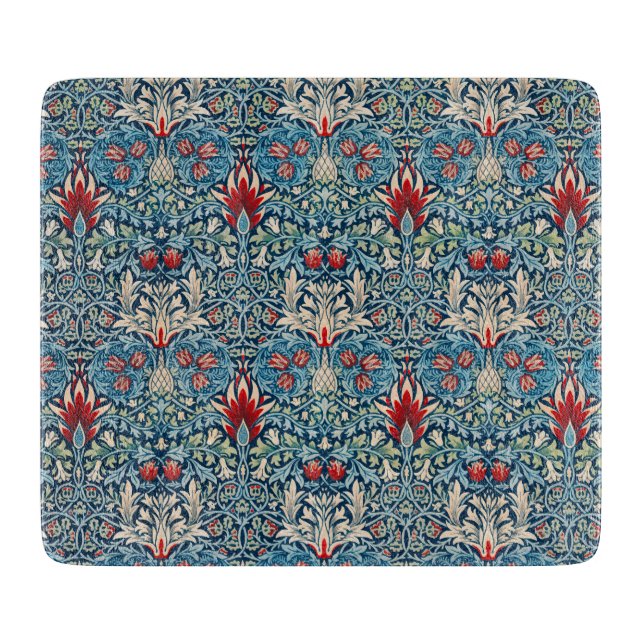 Floral pattern on green leaves blue background cutting board (Front)