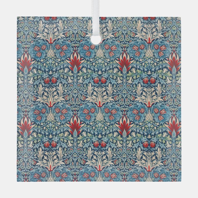 Floral pattern on green leaves blue background glass tree decoration (Front)