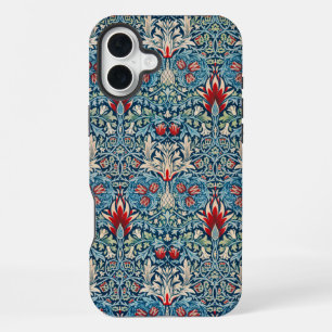 Floral pattern on green leaves blue background iPhone 16 plus case